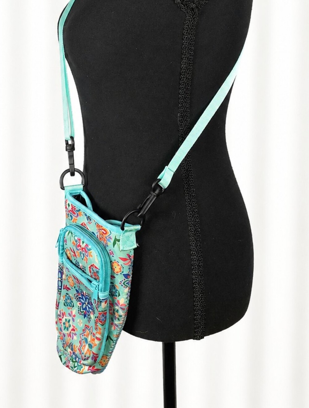 👜 Turquoise Floral Print Crossbody Water Bottle Holder Bag Adjustable Strap - Picture 4 of 6